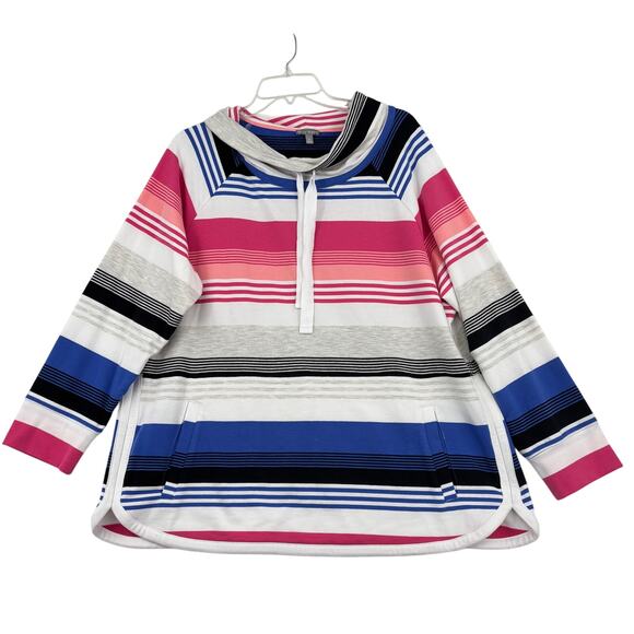 T by Talbots Sweatshirt Size 2X Blue Pink Stripe Pullover Drawstring Funnel Neck - Picture 2 of 10